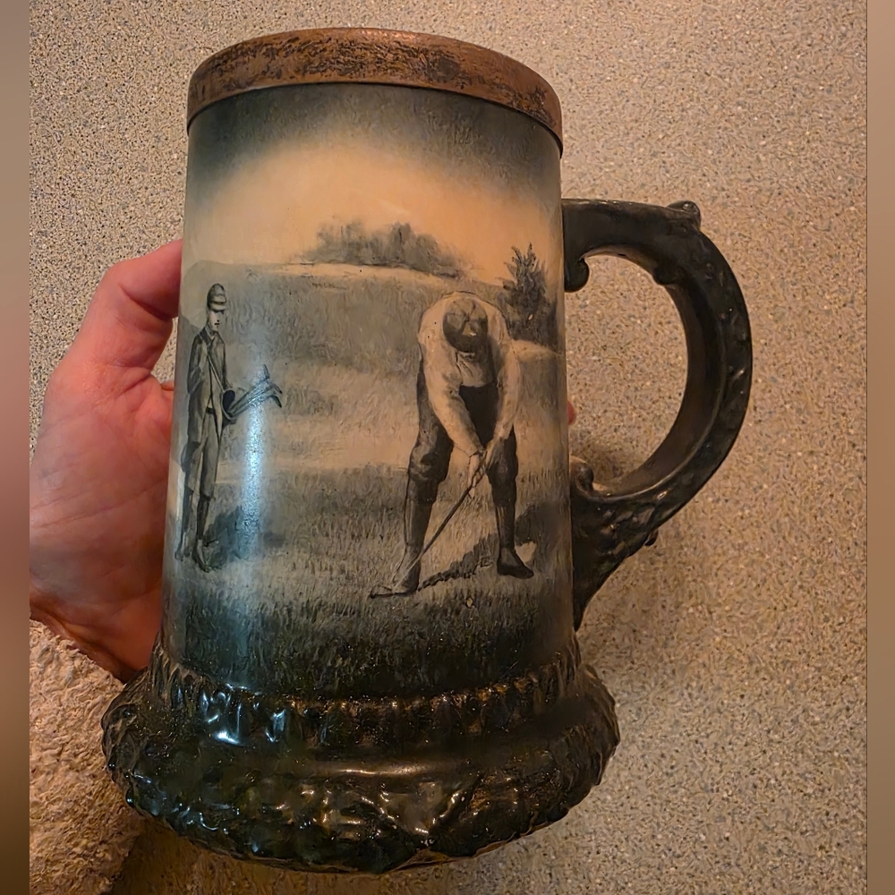 1896-1906 Lenox Male Golf Scene Porcelain Tankard Mug Sterling Silver Rim